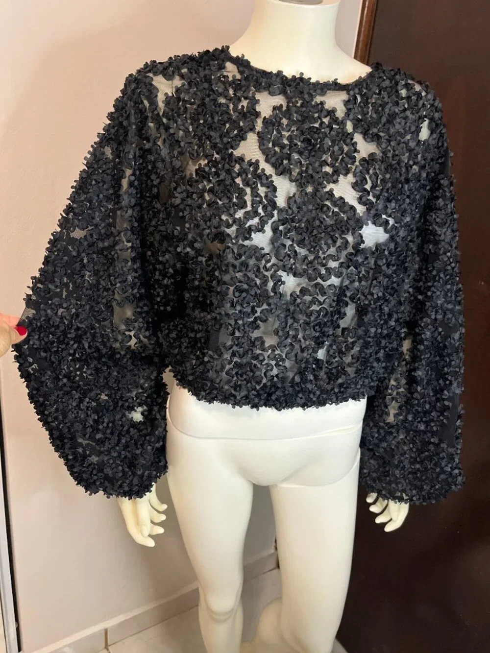 Zara Black 3D Floral Applique Sheer Mesh Top Long Wide Sleeve Large